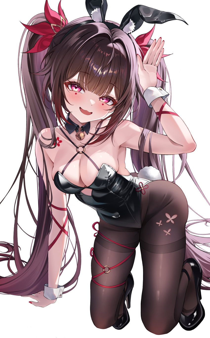 1girl, :3, absurdres, animal_ears, bare_shoulders, bell, black_leotard, black_shoes, breasts, brown_hair, brown_pantyhose, butterfly-shaped_pupils, criss-cross_halter, detached_collar, fake_animal_ears, fake_tail, flower_tattoo, hair_over_shoulder, halterneck, high_heels, highleg, highleg_leotard, highres, honkai:_star_rail, honkai_(series), kkachi0909, large_breasts, leotard, long_hair, looking_at_viewer, mark_under_both_eyes, neck_bell, o-ring_strap, open_mouth, pantyhose, pink_eyes, playboy_bunny, rabbit_ears, rabbit_tail, red_nails, shoes, simple_background, solo, sparkle_(honkai:_star_rail), symbol-shaped_pupils, tail, tattoo, twintails, very_long_hair, white_background, white_wrist_cuffs, wrist_cuffs