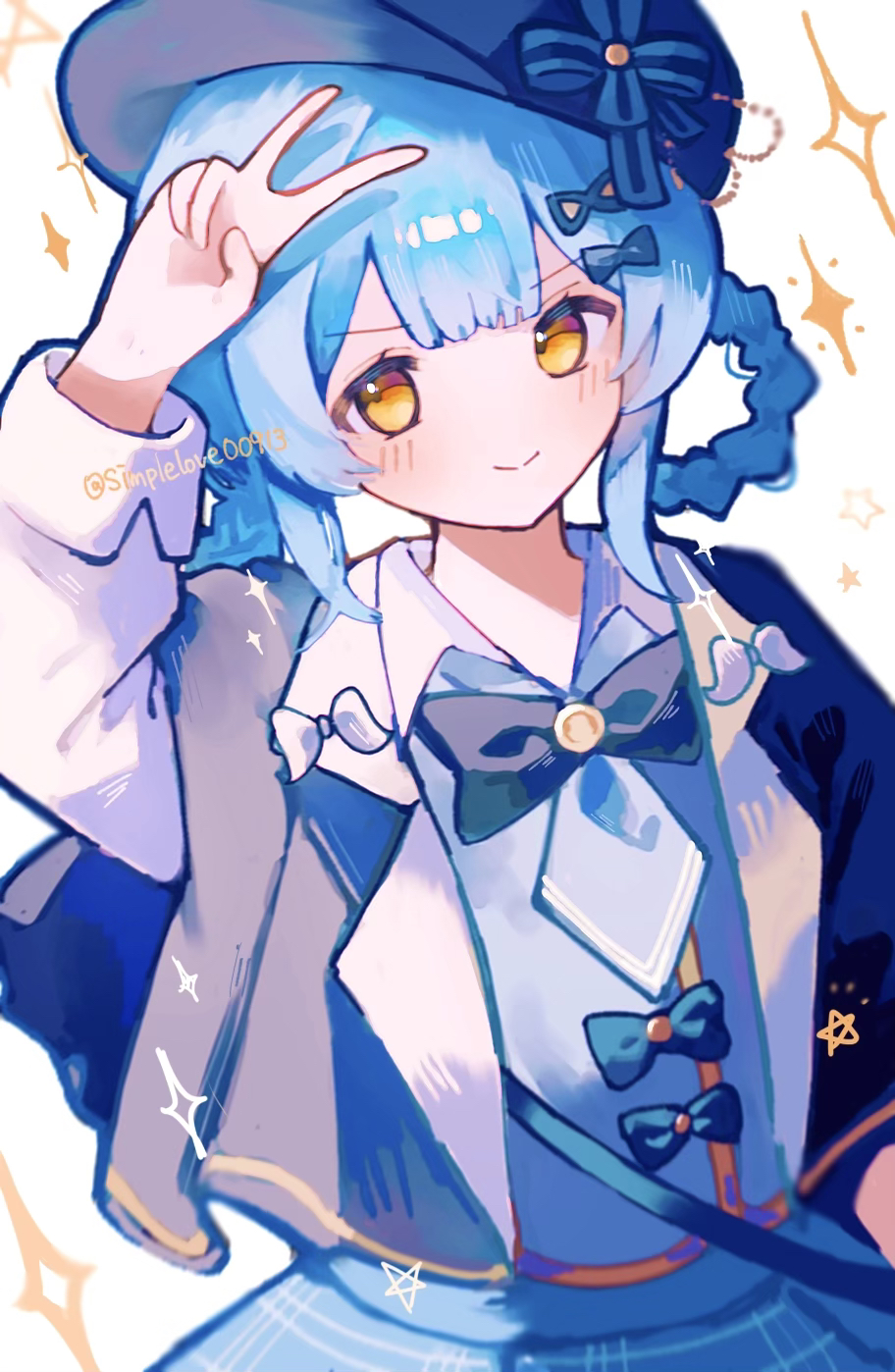 1girl, blue_bow, blue_bowtie, blue_hair, blue_jacket, blue_shirt, blue_skirt, bow