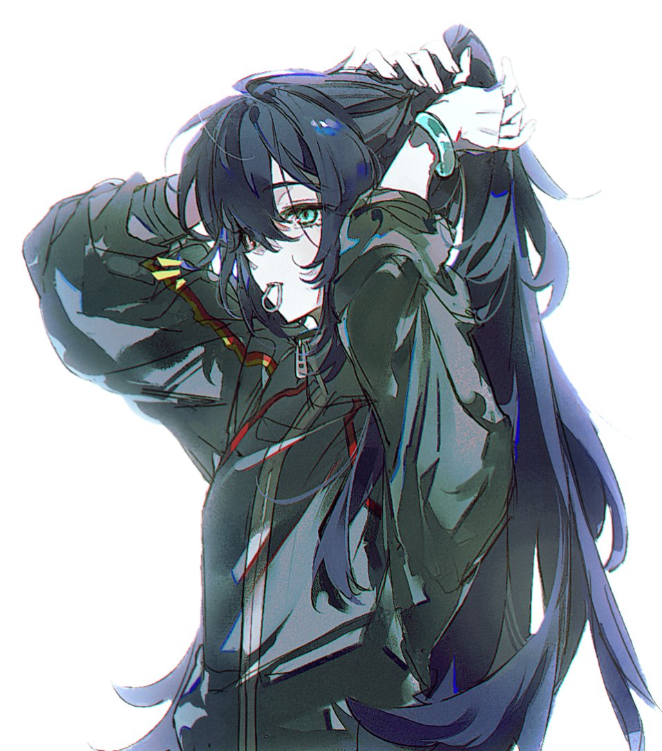 1boy, 66167e3d, alternate_costume, black_eyes, black_hair, blue_eyes, hair_tie_in_mouth, heterochromia