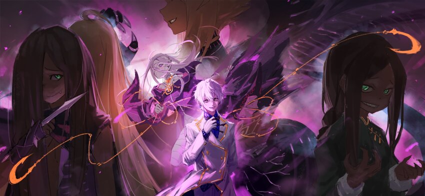 3boys, 3girls, bandages, cape, capella_emerada_lugnica, chain, dress, evil_grin