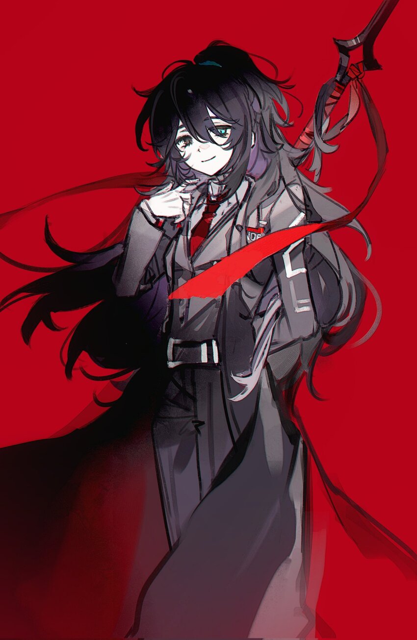 1boy, 66167e3d, black_coat, black_eyes, black_hair, black_pants, black_vest, blue_eyes