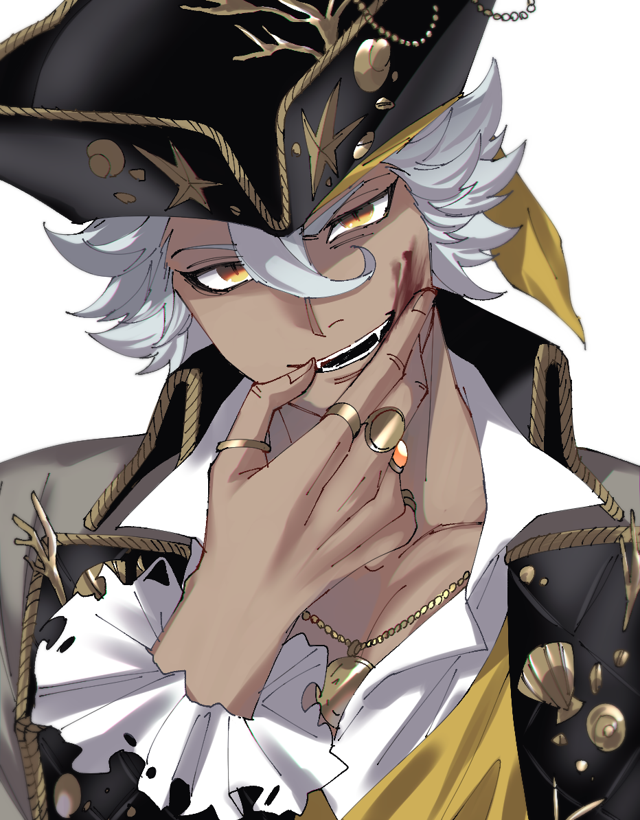 1boy, black_coat, blood, blood_on_face, coat, commentary_request, dark-skinned_male, dark_skin