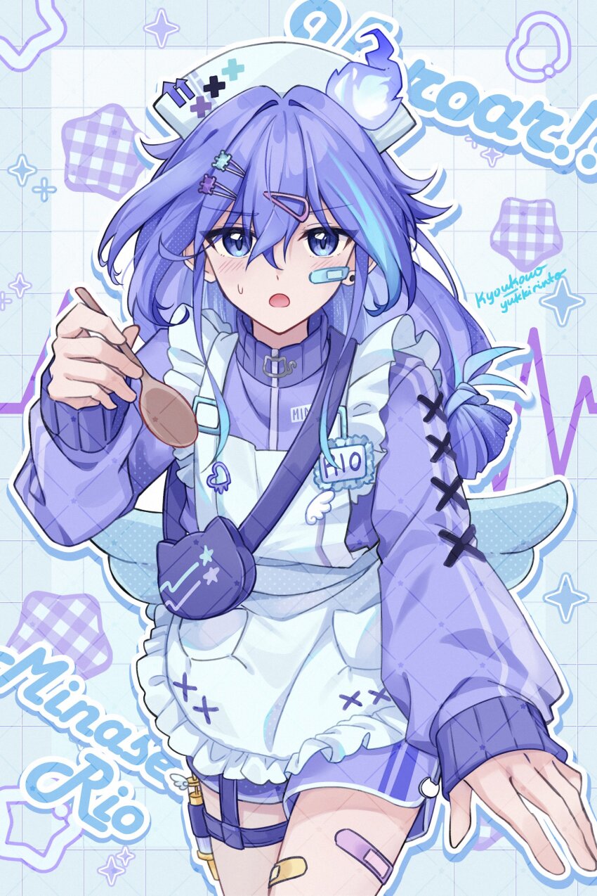 1boy, :o, absurdres, androgynous, angel_wings, animal_bag, apron, bag, bandaid, bandaid_on_face, bandaid_on_thigh, blue_background, blue_hair, blush, cat_bag, cat_o-ring, character_name, chestnut_mouth, commentary, cross-laced_clothes, cross-laced_sleeves, crossdressing, crossdressing_(mtf), dolphin_shorts, frilled_apron, frills, hair_ornament, hairclip, hat, highres, hitodama, holding, holding_spoon, holostars, holster, jacket, jersey_maid, kyoukouo, long_hair, long_sleeves, low_wings, maid, male_focus, minase_rio, multicolored_hair, name_tag, nurse_cap, o-ring, open_mouth, outstretched_arm, purple_bag, purple_hair, purple_jacket, purple_shorts, shorts, shoulder_bag, solo, spoon, star_(symbol), streaked_hair, sweatdrop, untranslatable_commentary, syringe, syringe_holster, tenshi_kaiwai, thigh_holster, trap, unconventional_maid, virtual_youtuber, white_apron, wings