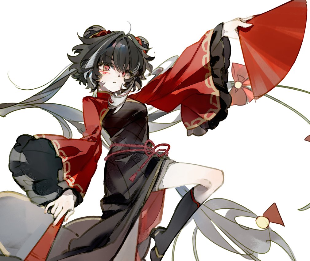 1girl, 66167e3d, black_dress, black_hair, black_shoes, bow, chinese_clothes, double_bun, dress, hair_bun, hand_fan, jia_xichun_(project_moon), limbus_company, long_hair, long_sleeves, looking_at_viewer, multicolored_hair, pink_eyes, project_moon, red_bow, red_shrug, rope_belt, shoes, shrug_(clothing), simple_background, solo, standing, streaked_hair, twintails, upper_body, white_background, white_streaks