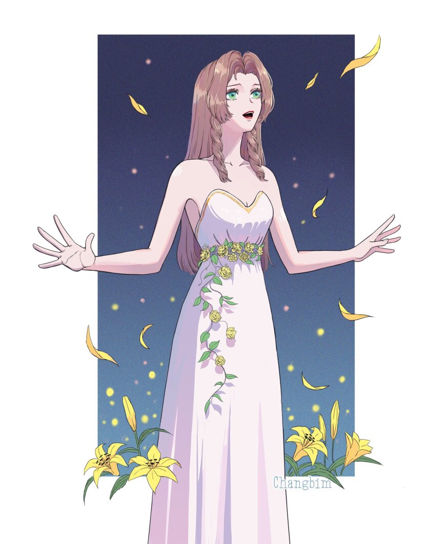 1girl, aerith_gainsborough, artist_name, bare_shoulders, blonde_hair, border, braid, changbim13