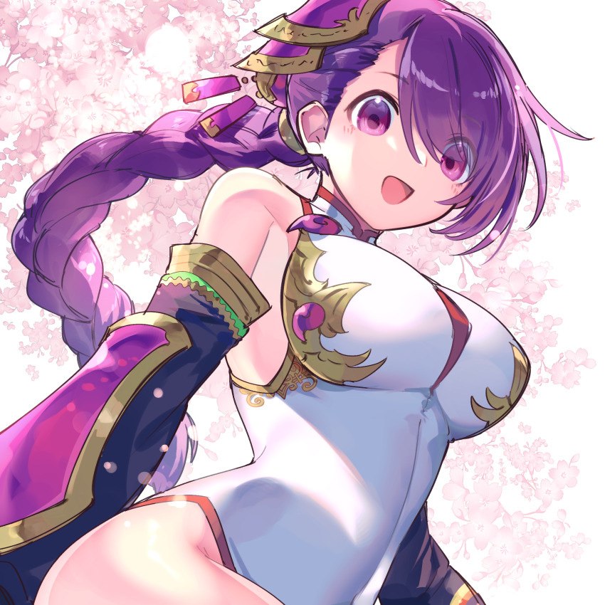 1girl, bare_shoulders, black_sleeves, breasts, cherry_blossoms, detached_sleeves, eyes_visible_through_hair, highres