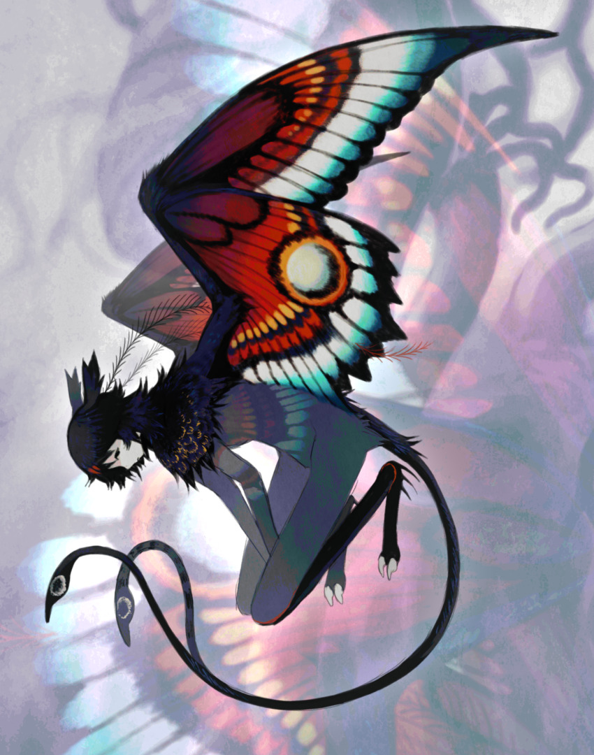 1boy, abstract_background, arthropod_boy, black_fur, black_hair, black_tail, black_wings, blue_fur, blue_wings, butterfly_boy, butterfly_wings, forked_tail, from_side, full_body, highres, insect_wings, jejejunum, monster_boy, moth_boy, multicolored_wings, orange_wings, original, pest_(jejejunum), red_wings, short_hair, solo, spread_wings, tail, wings