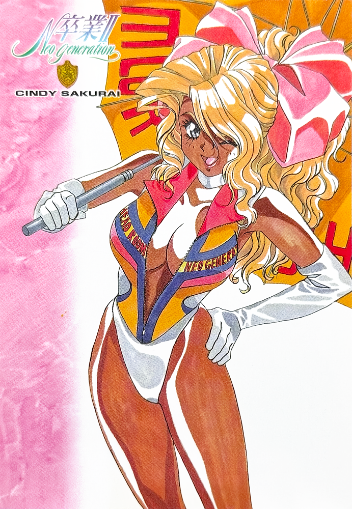 1990s_(style), 1girl, blonde_hair, blue_eyes, bow, breasts, character_name, choker