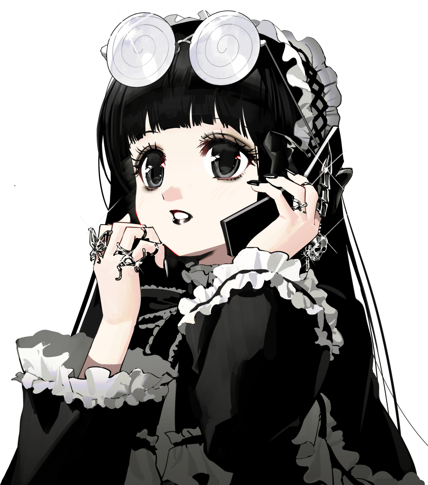 1girl, absurdres, black_eyeshadow, black_hair, black_lips, black_nails, coke-bottle_glasses, copyright_request