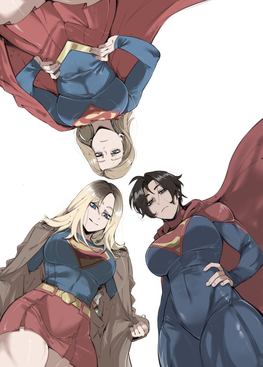 3girls, absurdres, beer_bottle, belt, blonde_hair, blue_bodysuit, blue_eyes, bodysuit, brown_coat, cape, coat, covered_navel, dc_comics, emblem, hand_on_own_hip, hands_on_own_hips, highres, in-franchise_crossover, looking_at_viewer, looking_down, masoq, multiple_girls, red_cape, red_skirt, short_hair, skirt, supergirl, supergirl_(2015), superhero_costume, superman_(2025), superman_(series), the_flash_(movie), the_flash_(series), thighs