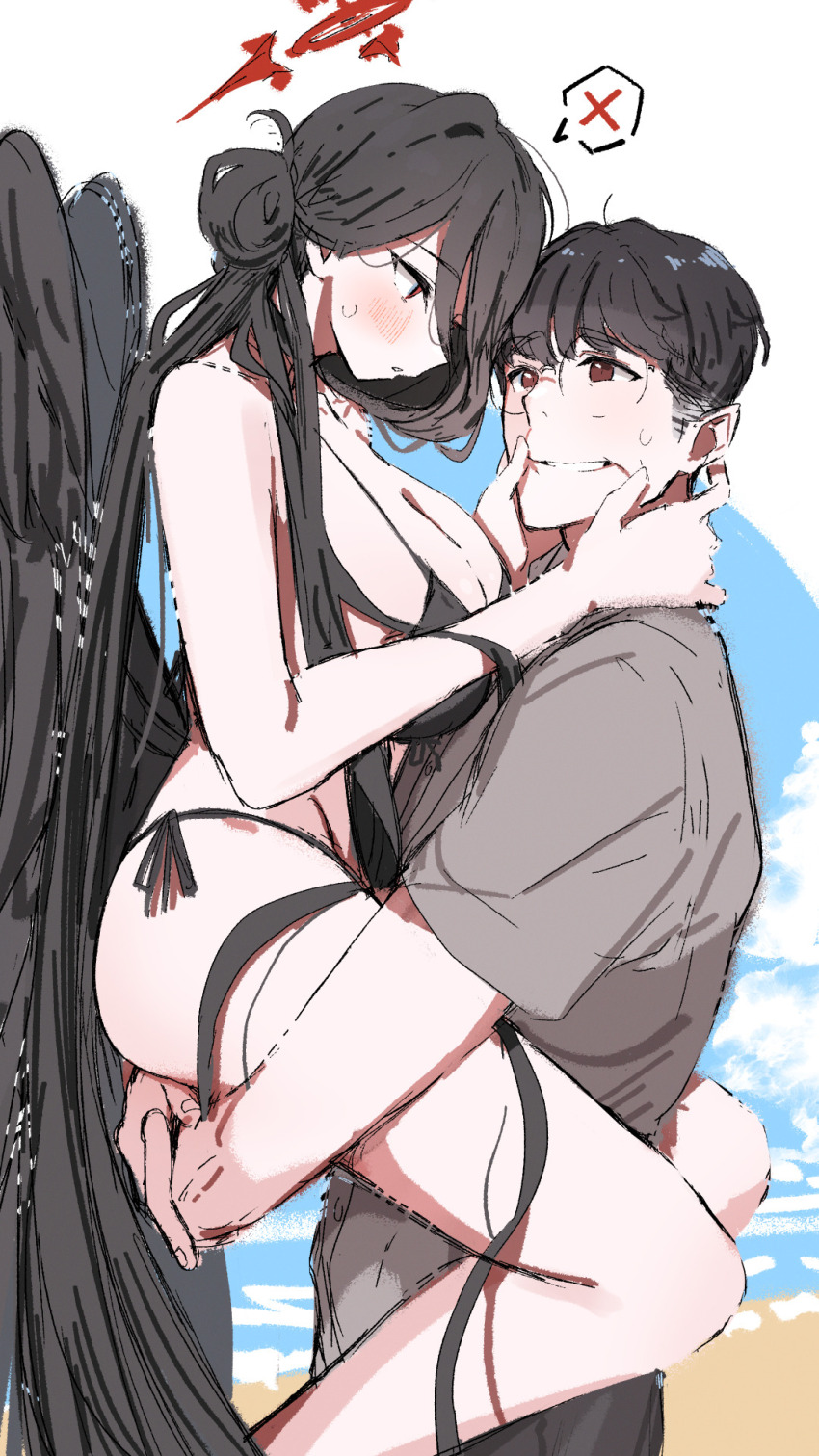 1boy, 1girl, ass, bare_legs, beach, bikini, black_bikini, black_hair