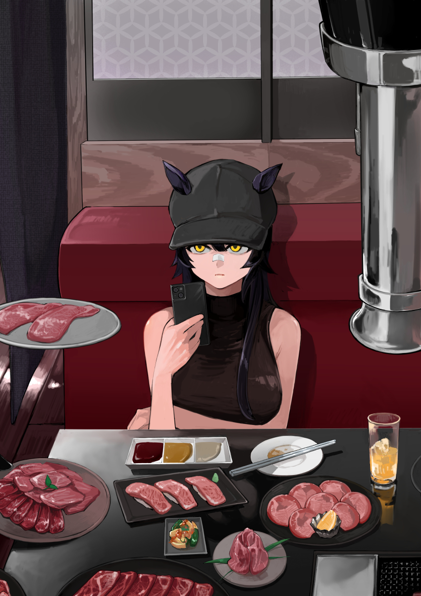 1girl, absurdres, animal_ears, baseball_cap, black_hair, chopsticks, food, grill