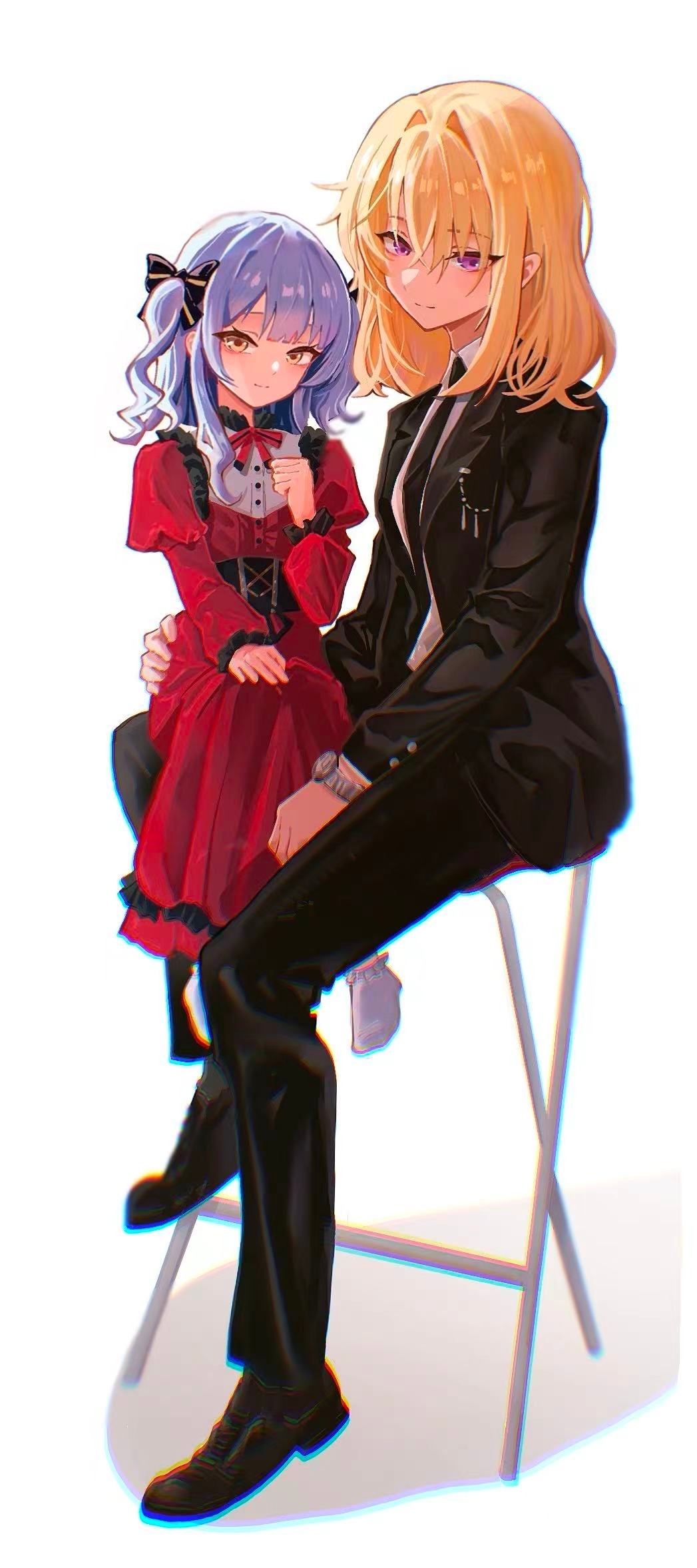 2girls, aged_down, bang_dream!, bang_dream!_it's_mygo!!!!!, black_bow, black_corset, black_jacket, black_necktie