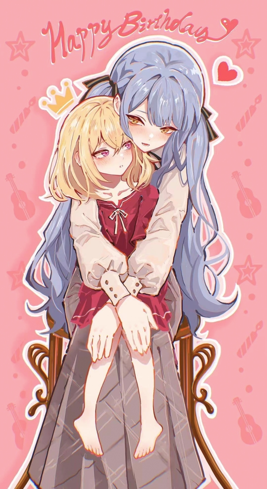 2girls, age_difference, aged_down, bang_dream!, bang_dream!_it's_mygo!!!!!, barefoot, blue_hair, blush, closed_mouth, commentary_request, drawn_crown, dress, grey_skirt, hair_between_eyes, highres, long_hair, long_sleeves, misumi_uika, mulangfang, multiple_girls, onee-loli, outline, pink_background, purple_eyes, red_dress, shirt, short_sleeves, sidelocks, sitting, sitting_on_lap, sitting_on_person, skirt, time_paradox, togawa_sakiko, white_outline, white_shirt, yuri