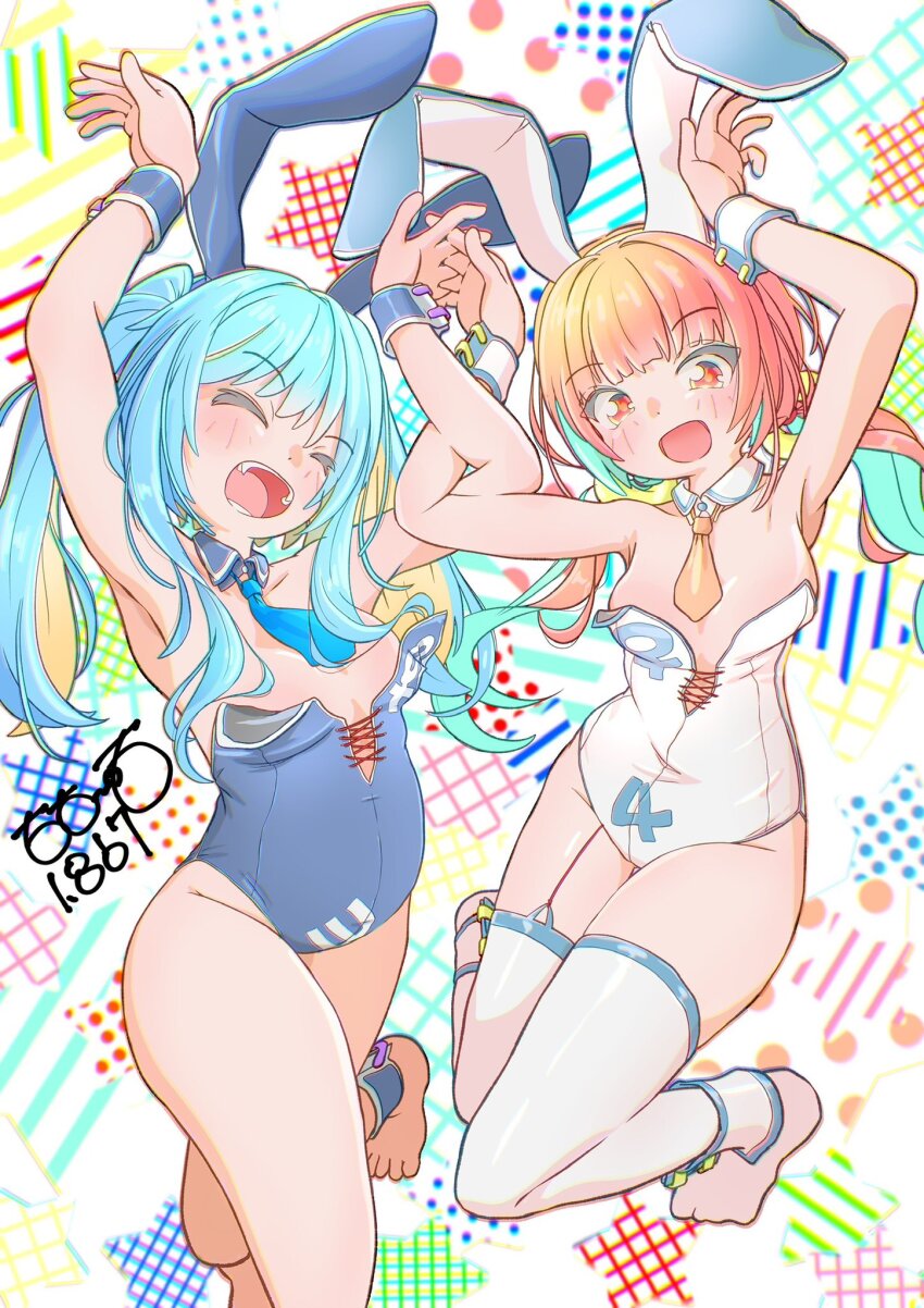 2girls, :d, :o, animal_ears, ankle_cuffs, artist_name, blue_ankle_cuffs, blue_collar