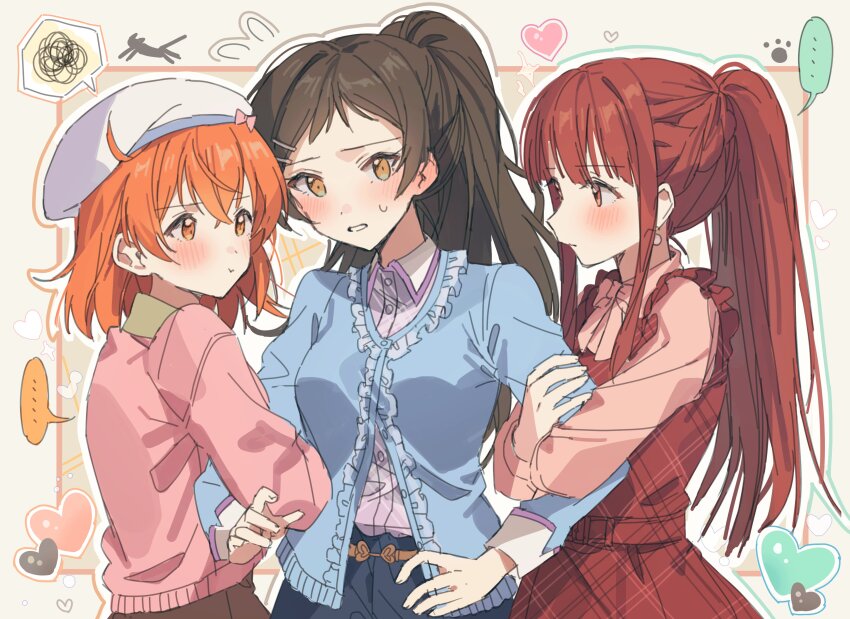 ..., 3girls, absurdres, beret, blue_shirt, blush, breasts, brown_hair