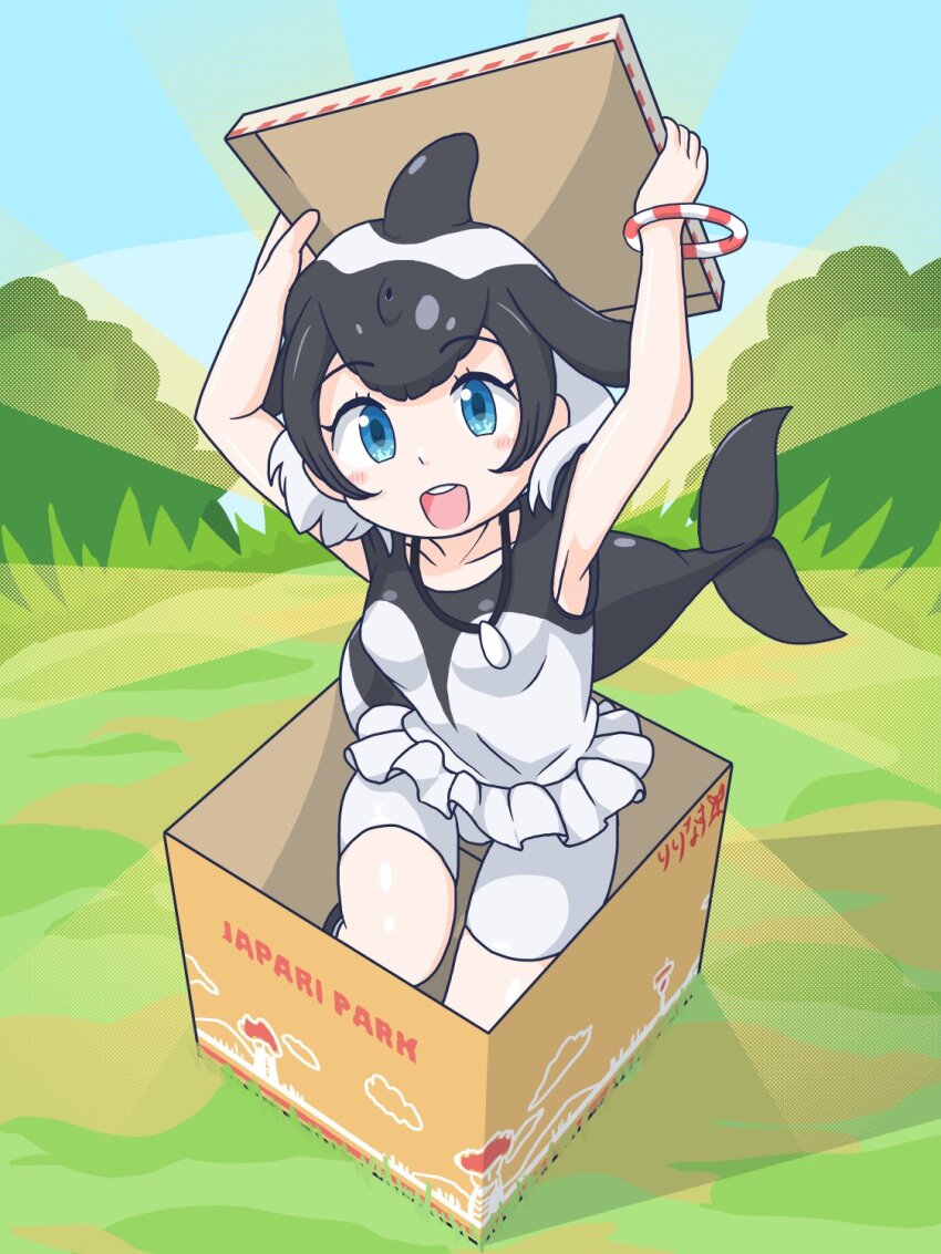 1girl, bare_shoulders, black_hair, black_one-piece_swimsuit, blowhole, blue_eyes, blush, box