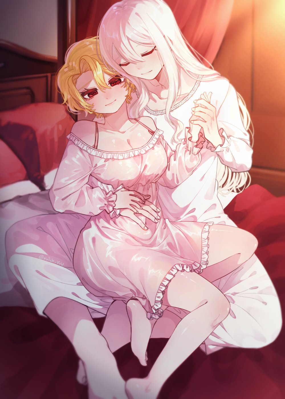 1boy, 1girl, bed, bedroom, blonde_hair, blush, breasts, canopy_bed