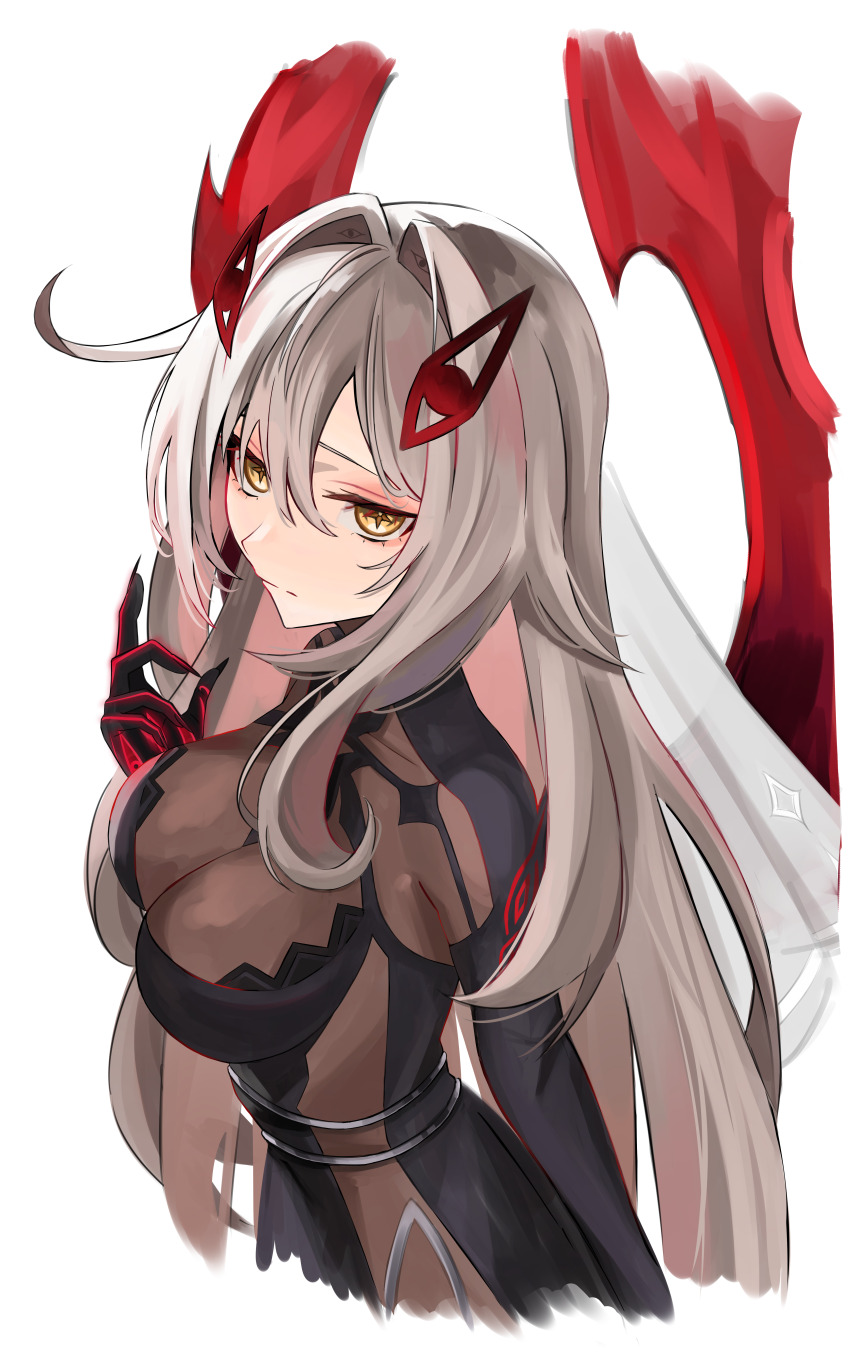 1girl, absurdres, black_dress, bodystocking, breasts, cleavage, closed_mouth, commentary_request, dress, eye_hair_ornament, eye_symbol, fingernails, genshin_impact, hair_between_eyes, hair_intakes, hair_ornament, halme825, highres, large_breasts, long_fingernails, long_hair, looking_at_viewer, red_wings, ronova_(genshin_impact), sharp_fingernails, side_ahoge, solo, standing, symbol-shaped_pupils, upper_body, very_long_hair, white_background, white_hair, wings, yellow_eyes