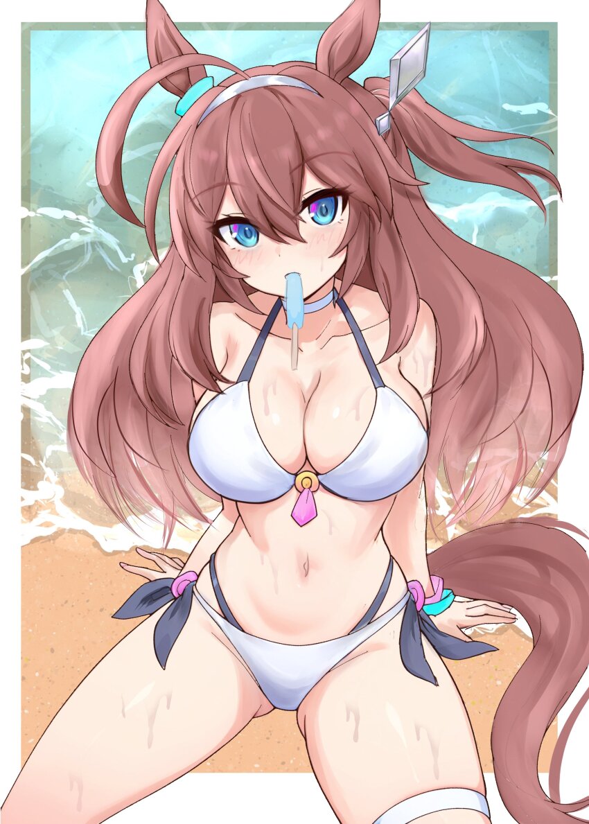1girl, absurdres, alternate_costume, animal_ears, beach, beatsheavens0735, bikini, blue_eyes, breasts, brown_hair, collarbone, commentary_request, cowlick, day, food, food_in_mouth, hairband, highres, horse_ears, horse_girl, horse_tail, inward_flipped_hair, large_breasts, long_hair, looking_at_viewer, metal_hairband, mihono_bourbon_(umamusume), navel, o-ring, o-ring_top, one_side_up, outdoors, popsicle, popsicle_in_mouth, side-tie_bikini_bottom, sitting, solo, swimsuit, tail, umamusume, white_bikini