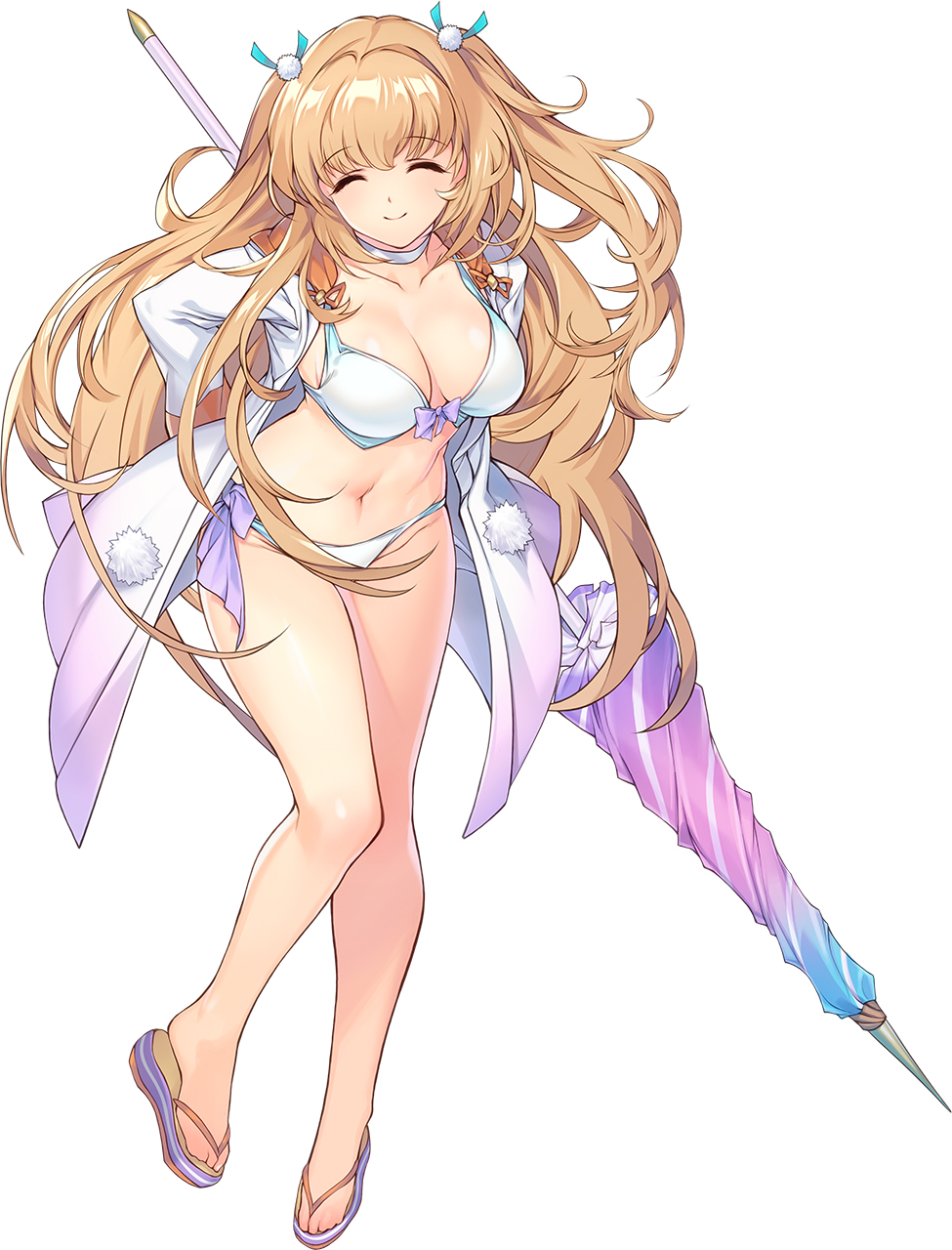 1girl, bikini, blonde_hair, breasts, choukou_(alicesoft), choukou_taisen_escalation_heroines, cleavage, closed_eyes, closed_umbrella, coat, flip-flops, gokokuin_silica, highres, holding, holding_umbrella, leg_up, long_hair, medium_breasts, min-naraken, navel, official_art, open_clothes, open_coat, sandals, smile, swimsuit, tachi-e, umbrella, white_bikini