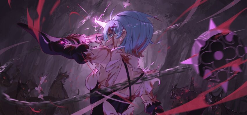 1girl, back, blood, blood_on_clothes, blood_on_face, blue_eyes, blue_hair, chain