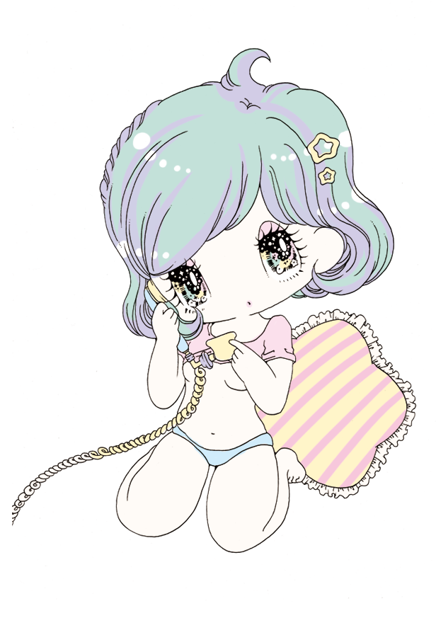 1girl, aqua_hair, bob_cut, breasts, convenient_censoring, corded_phone, eyelashes, eyeshadow, hair_ornament, makeup, multicolored_eyes, original, phone, sekiya_yurie, short_hair, sitting, solo, sparkling_eyes