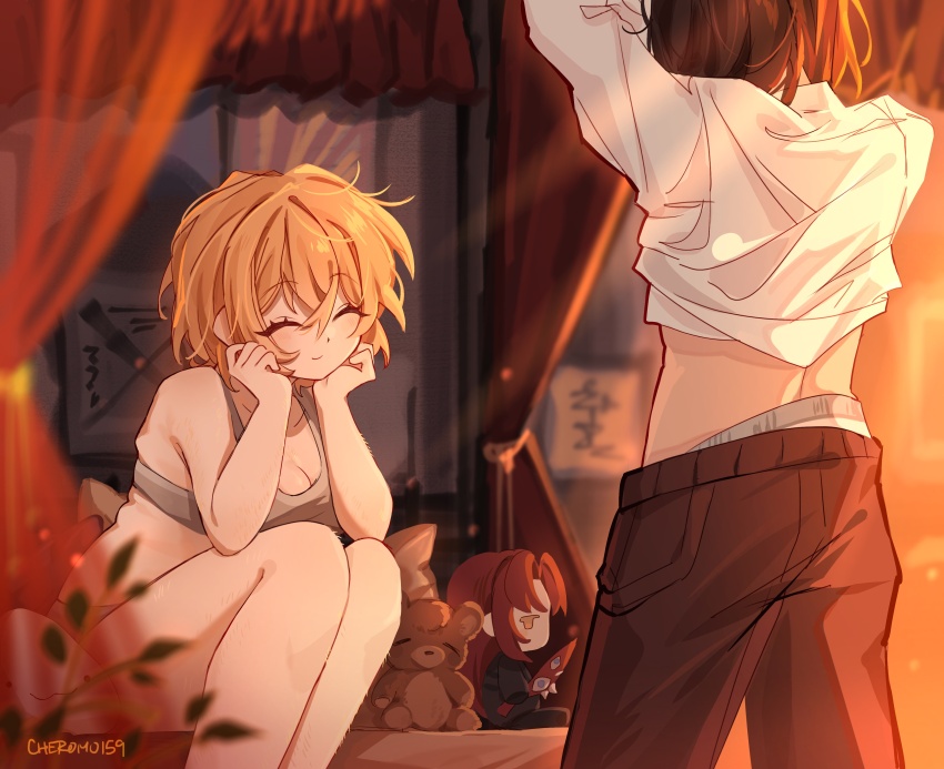 2girls, ^_^, absurdres, arm_up, artist_name, breasts, brown_hair, brown_pants