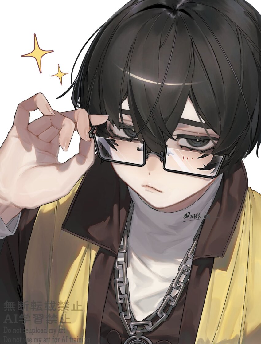 1boy, adjusting_eyewear, black_eyes, black_hair, brown_jacket, closed_mouth, crossed_bangs, dieci_association_south_uniform, double-parted_bangs, english_text, glasses, hair_between_eyes, hand_up, highres, jacket, limbus_company, looking_at_viewer, male_focus, project_moon, scarf, short_hair, simple_background, snn_shq, solo, sparkle, twitter_username, upper_body, watermark, white_background, yellow_scarf, yi_sang_(project_moon)
