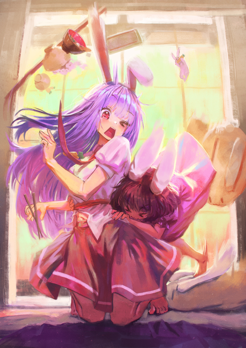 >_<, 2girls, :3, absurdres, animal_ears, animal_slippers, barefoot, black_hair