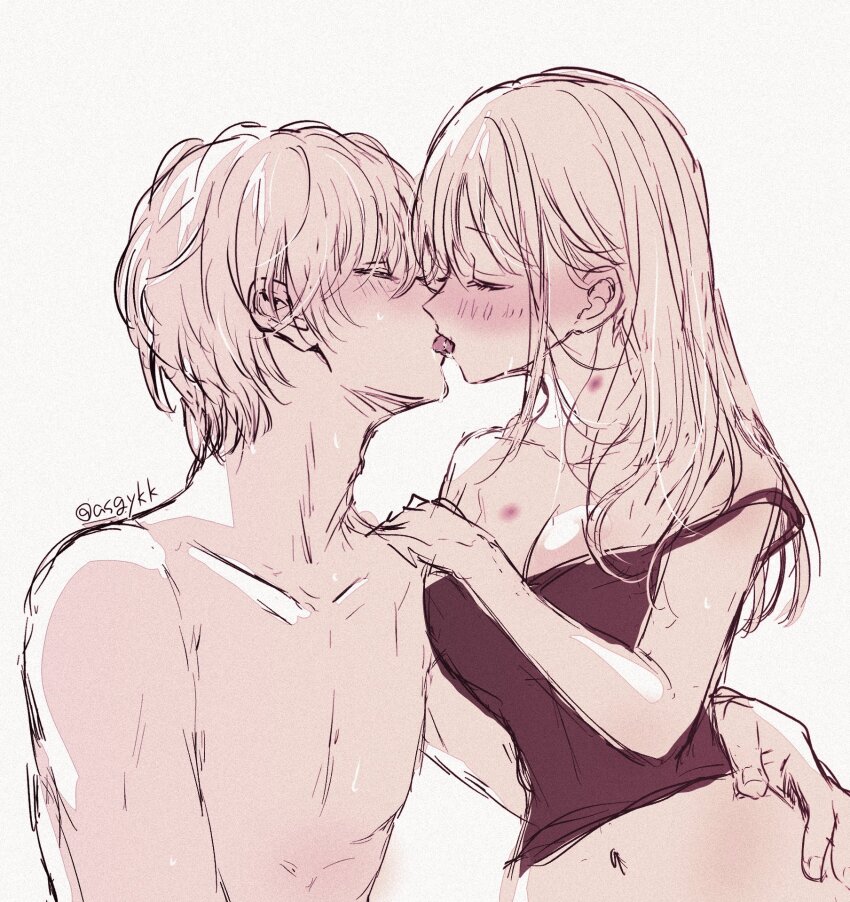 1boy, 1girl, asgykk, bare_shoulders, black_camisole, blush, breasts, brother_and_sister, camisole, cleavage, closed_eyes, clothed_female_nude_male, collarbone, french_kiss, hickey, hickeys_on_chest, hickeys_on_neck, highres, hoshino_aquamarine, hoshino_ruby, incest, kiss, large_breasts, long_hair, midriff, monochrome, navel, nude, oshi_no_ko, short_hair, siblings, sleeveless, stomach, twins, waist_grab