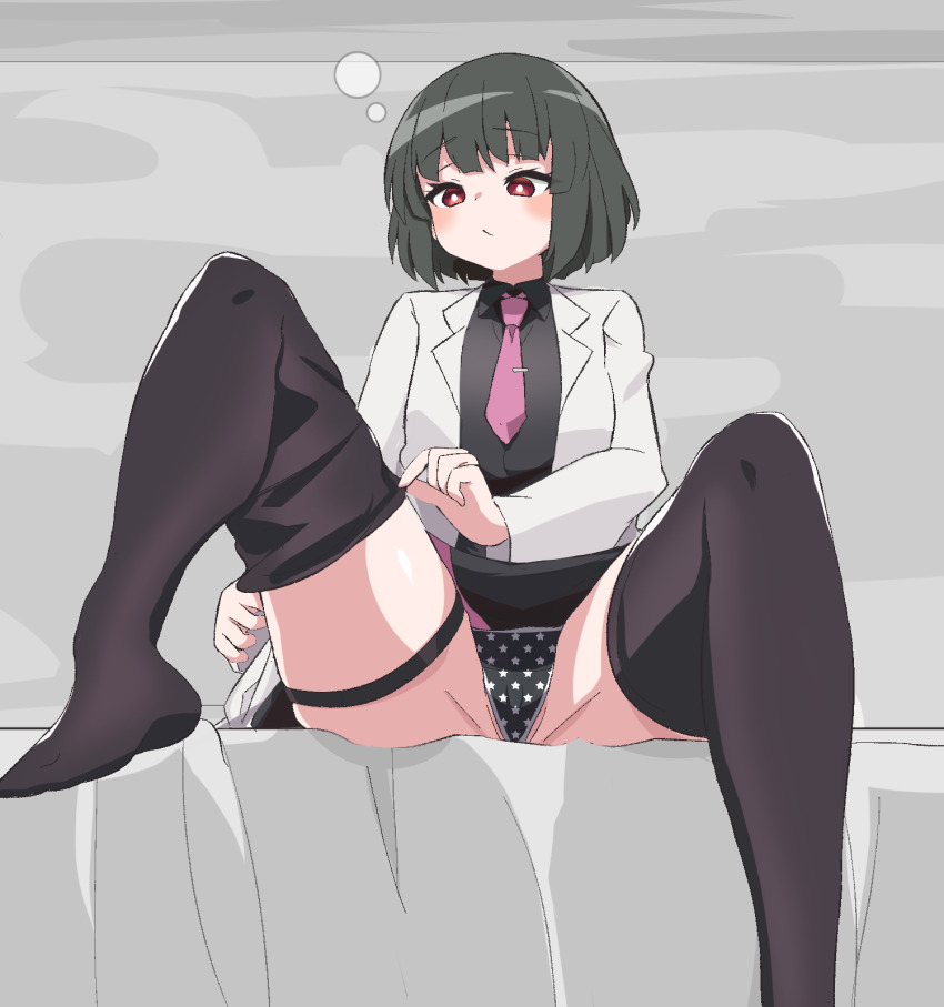 1girl, bed, black_hair, black_lilith_(sentouin_hakenshimasu!), black_panties, black_shirt, black_skirt, black_thighhighs, blush, closed_mouth, coat, dressing, expressionless, eyelashes, female_focus, flat_chest, foot_out_of_frame, from_below, hatenamaru, highres, indoors, knee_up, loli, long_sleeves, looking_down, necktie, on_bed, panties, pink_necktie, red_eyes, sentouin_hakenshimasu!, shirt, short_hair, sitting, skirt, solo, spread_legs, thigh_strap, thighhighs, two-tone_panties, underwear, variant_set, white_coat, white_panties