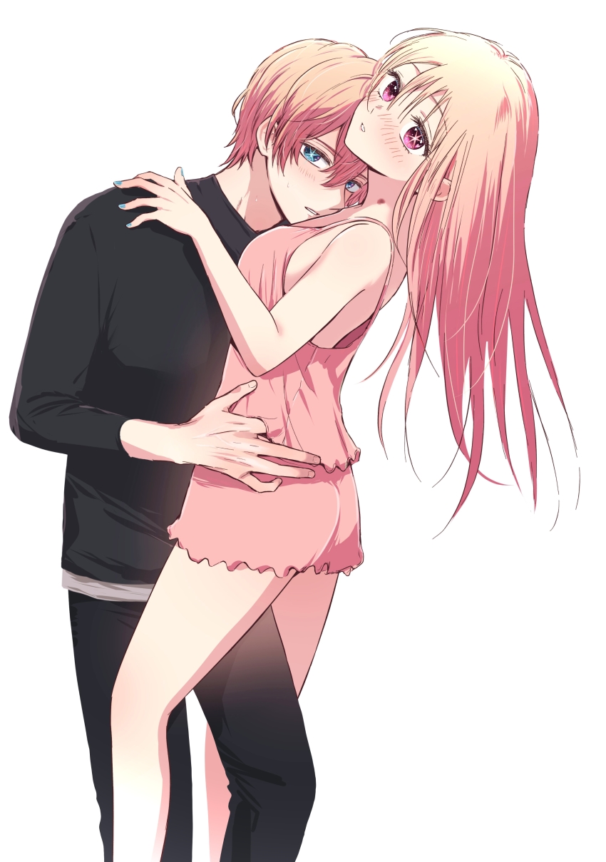 1boy, 1girl, absurdres, asgykk, bare_shoulders, black_pants, black_shirt, blonde_hair, blue_eyes, blue_nail_polish, blue_nails, blush, breasts, brother_and_sister, camisole, collarbone, colorized, hair_between_eyes, hickey, hickeys_on_neck, highres, hoshino_aquamarine, hoshino_ruby, incest, large_breasts, legs, long_sleeves, looking_at_viewer, nail_polish, oshi_no_ko, pants, pink_camisole, pink_eyes, pink_shorts, shirt, short_shorts, shorts, siblings, simple_background, sleeveless, star-shaped_pupils, star_(symbol), star_in_eye, symbol-shaped_pupils, symbol_in_eye, thighs, twins, waist_grab, white_background
