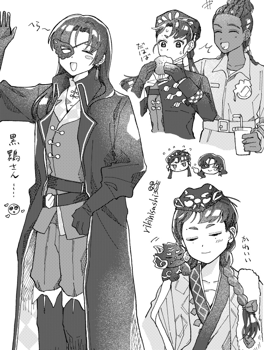 3girls, ^_^, absurdres, beret, black_ibis_(reverse:1999), boots, braid, chibi