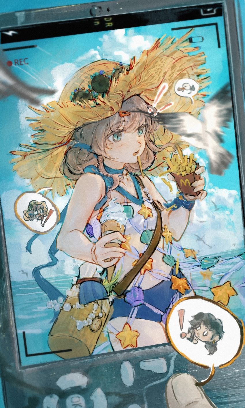!, !!, 2girls, absurdres, battery_indicator, bird, brown_hair, chinese_commentary, commentary_request, food, french_fries, greta_hofmann, hat, highres, holding, holding_food, holding_ice_cream, ice_cream, looking_ahead, mangxia_xiang_chi_mangguo, marcus_(reverse:1999), multiple_girls, ocean, recording, reverse:1999, screen, seagull, solo_focus, spoken_character, straw_hat, sun_hat, viewfinder