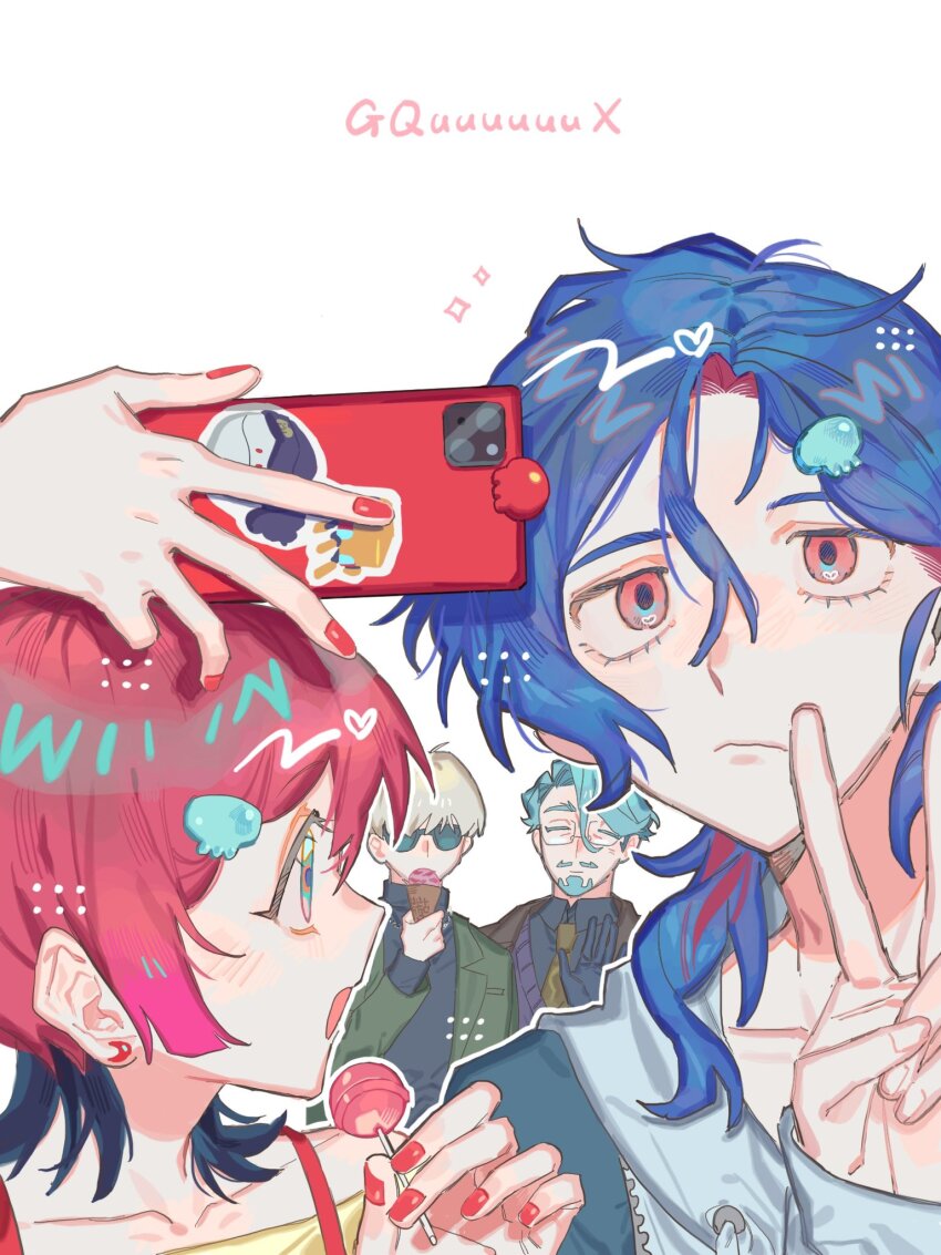 1girl, 3boys, amate_yuzuriha, aqua_eyes, black_shirt, blazer, blonde_hair, blue_hair