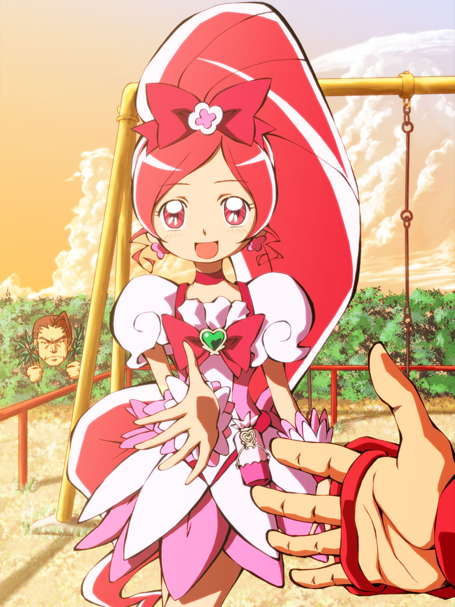 10s, 1boy, 1girl, aikawa_yousuke, bow, brooch, bush, capcom, choker, crossover, cure_blossom, dress, earrings, eyelashes, hair_ribbon, hanasaki_tsubomi, heart, heart_brooch, heartcatch_precure!, hibiki_dan, high_ponytail, highres, jewelry, long_hair, magical_girl, pink_bow, pink_eyes, pink_hair, ponytail, pov, precure, ribbon, ryu_(street_fighter), smile, street_fighter, wrist_cuffs