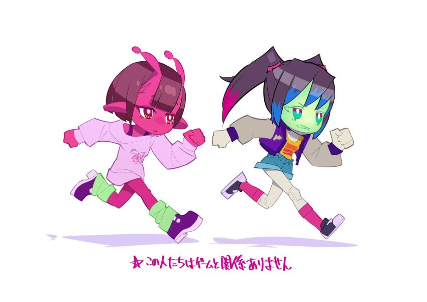 2girls, alien, android, anime_coloring, antennae, bare_shoulders, black_hair, black_shoes