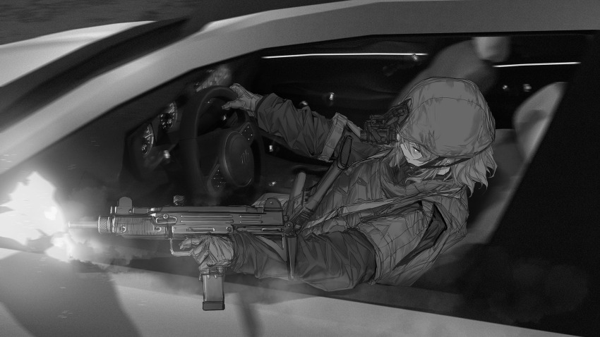 1girl, assault_rifle, car, coat, combat_helmet, commentary, driving, english_commentary, firing, from_above, from_side, gloves, greyscale, gun, h&amp;k_g36, helmet, highres, holding, holding_gun, holding_weapon, lavender_quartz, lavender_quartz:_kyoukai_hyoudou, lm7_(op-center), long_sleeves, medium_hair, mixed-language_commentary, monochrome, motion_blur, motor_vehicle, muzzle_flash, night_vision_device, original, rifle, solo, steering_wheel, submachine_gun, uzi, weapon