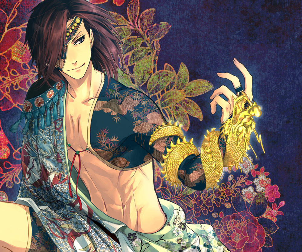 1boy, abs, bishounen, brown_hair, brown_theme, date_masamune_(sengoku_basara), dragon, eyepatch, japanese_clothes, male_focus, muscular, nagatekkou, plant, sengoku_basara, solo, tagme