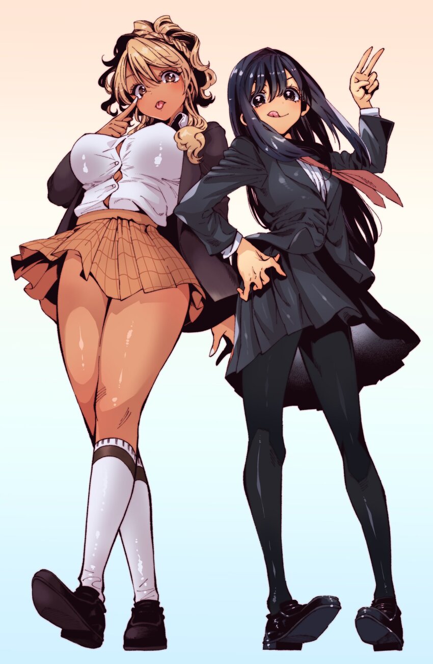 2girls, :q, akanbe, black_hair, black_jacket, black_pantyhose, black_skirt, blazer