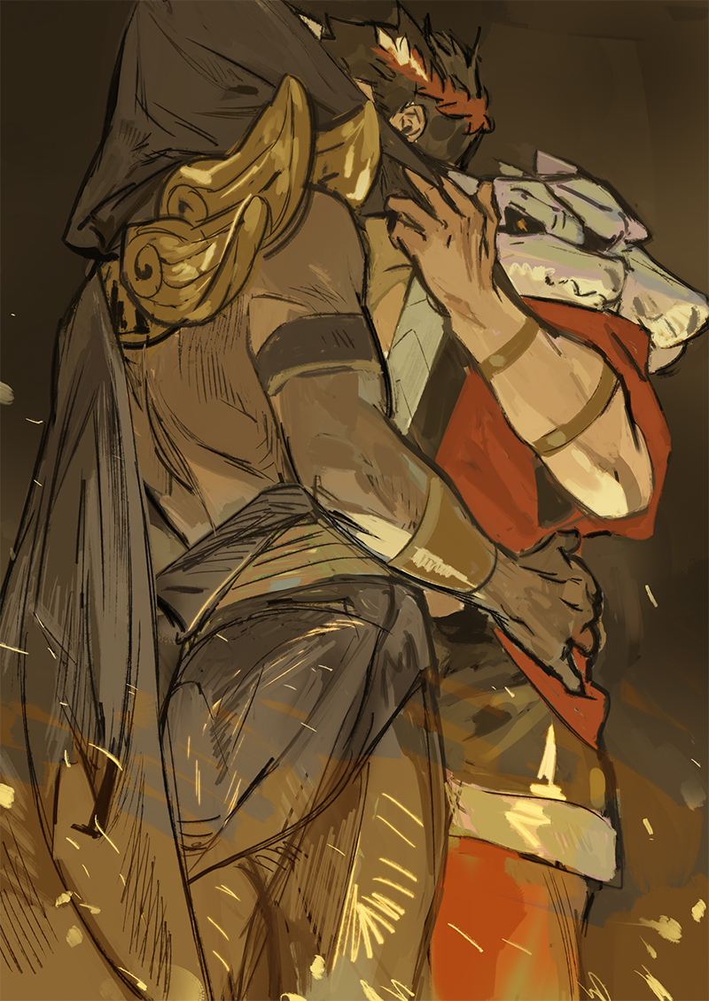 2boys, bracelet, brown_background, commentary_request, embers, hades_(series), hades_1, hand_on_another's_waist