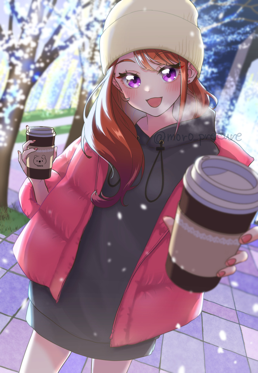 1girl, :d, absurdres, artist_logo, artist_name, black_hoodie, blurry, blurry_background