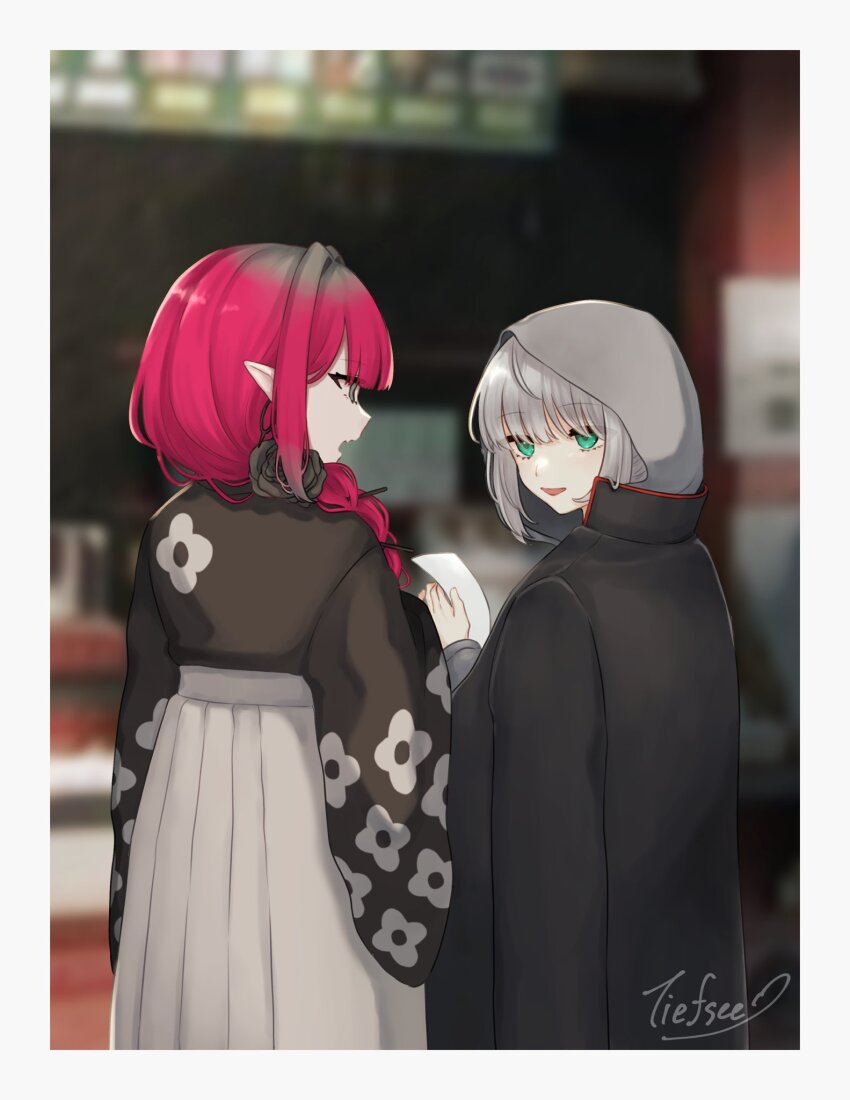 2girls, baobhan_sith_(fate), baobhan_sith_(over_the_same_sky)_(fate), black_jacket, black_kimono, braid, earrings, fate/grand_order