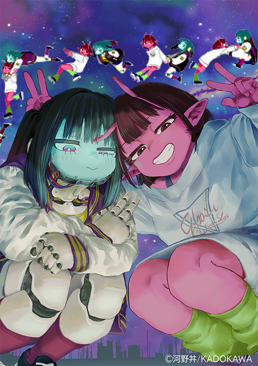 2girls, :>, alien, android, ankle_socks, antennae, artist_request, black_bra