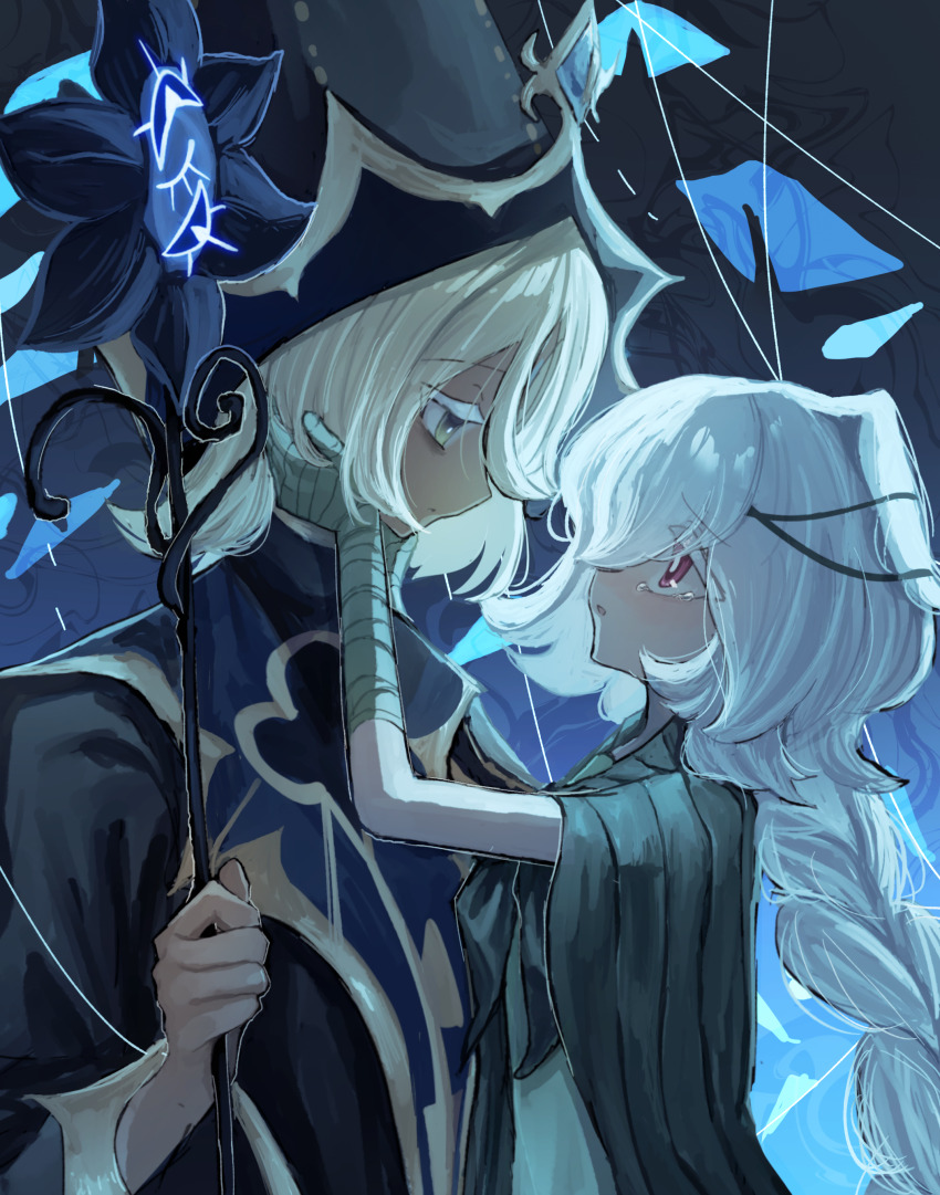 1boy, 1girl, absurdres, backlighting, bandaged_arm, bandages, black_background, black_hat