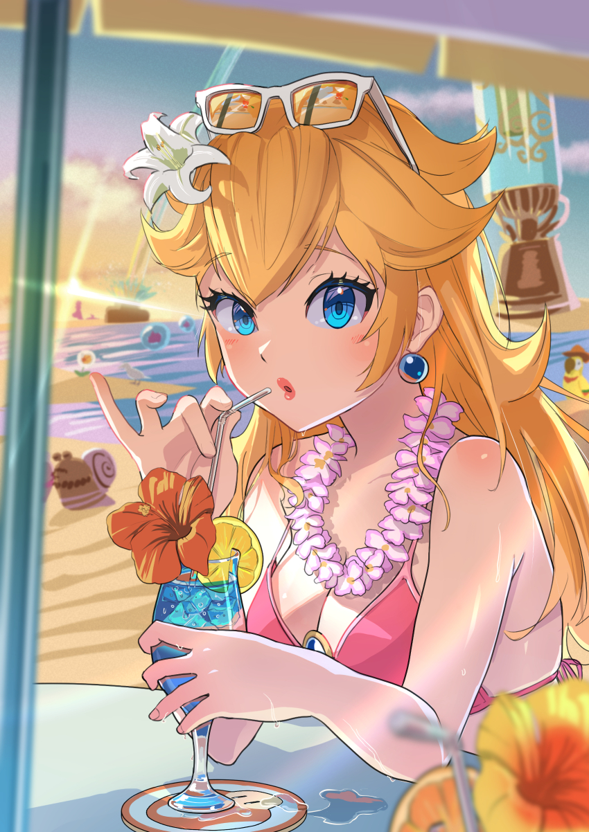 1girl, absurdres, beach, bikini, bird, blonde_hair, blue_eyes, breasts, bubblainian, cleavage, commentary_request, drink, drinking, drinking_straw, earrings, eyewear_on_head, flower, flower_necklace, food, fruit, glasses, gushen, hair_flower, hair_ornament, hibiscus, highres, holding, holding_drink, jewelry, kurere1202, lei, lemon, lemon_slice, lily_(flower), lips, long_hair, looking_at_viewer, mario_(series), mario_kart, mario_kart_tour, medium_breasts, necklace, nintendo, ocean, official_alternate_costume, outdoors, pink_flower, princess_peach, princess_peach_(swimwear), red_flower, rocket_flower_(mario), sand, snail, sphere_earrings, sunlight, super_mario_odyssey, swimsuit, table, talkatoo_(mario), tropical_drink, water, white_flower, white_lily, yellow_flower