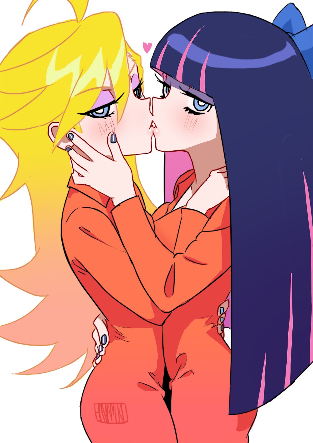 2girls, ahoge, arms_around_another's_waist, blonde_hair, blue_eyes, blue_hair, bow, cowboy_shot