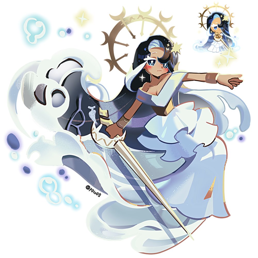 1girl, absurdly_long_hair, black_hair, blue_eyes, blue_hair, blush_stickers, bracer, breasts