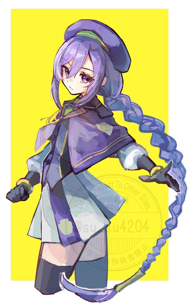 1girl, atlas_academy_uniform, black_gloves, braid, braided_ponytail, gloves, hat, leggings